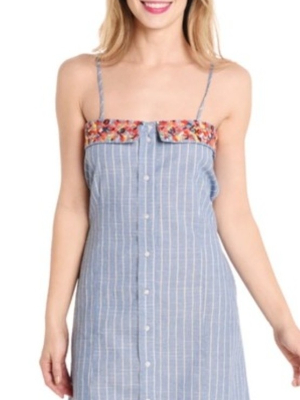 THML Blue Pinstripe Mini Dress with Multicolor Trim